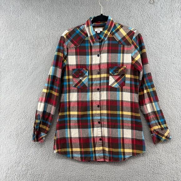 Matchstick plaid flannel button down shirt roll tab sleeve - Picture 4 of 9